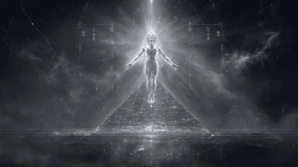 Figura resplandecente de um faraó levitando sobre uma pirâmide sob um céu cósmico. Luz intensa e nebulosas sugerem um fenômeno sobrenatural ou alienígena.