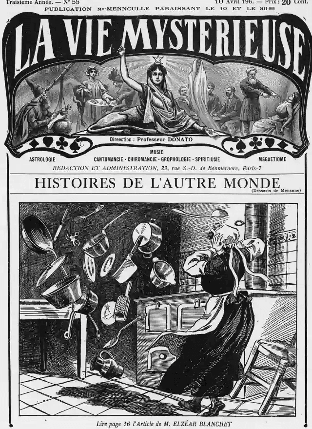 Capa da revista La Vie Mysterieuse com figuras ocultistas. Abaixo, ilustração de uma mulher em pânico em uma cozinha com panelas e utensílios voando ao seu redor.