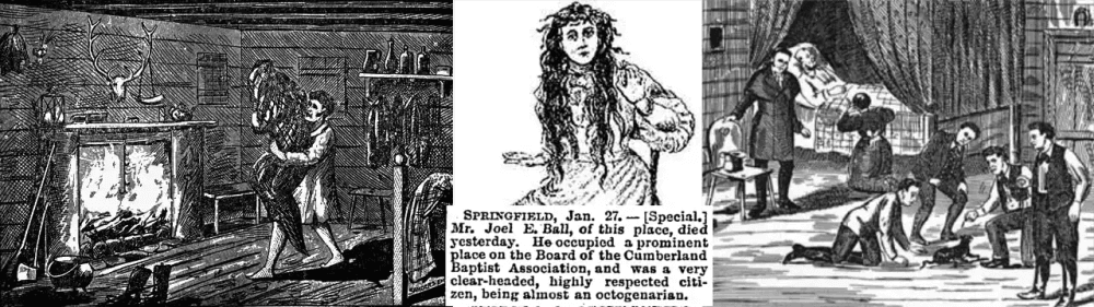 Ilustrações em xilogravura de um homem segurando uma mulher e uma cena de leito de morte com pessoas ajoelhadas. Entre elas, um texto sobre o falecimento de Joel E. Ball.