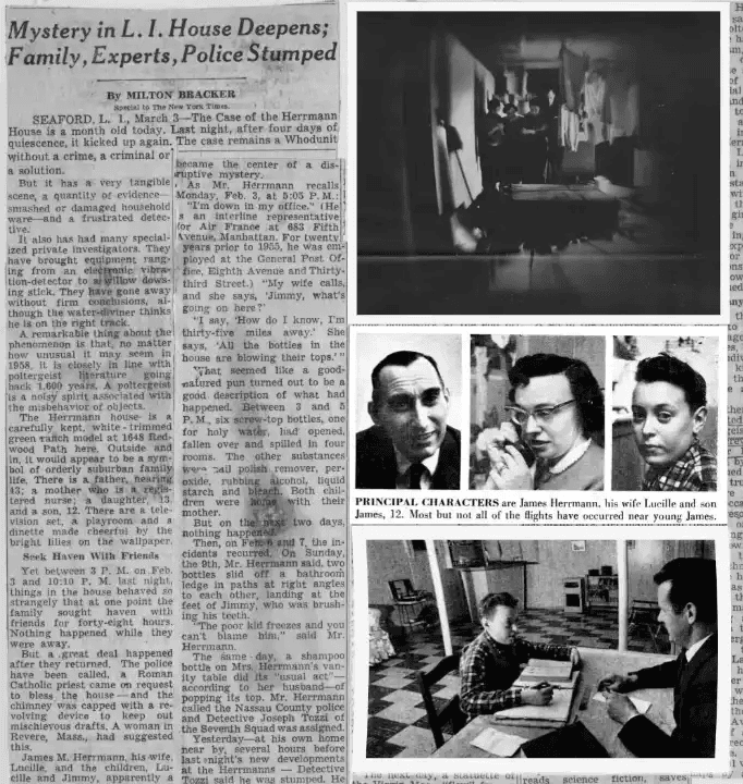 Recorte de jornal Mystery in L.I. House Deepens. Fotos da família Herrmann, sua casa e um interior bagunçado ilustram a reportagem sobre fenômenos poltergeist.