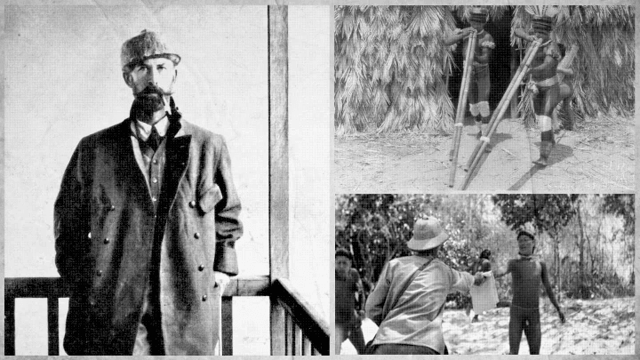 Colagem de fotos antigas mostrando um explorador barbudo e cenas de contato com povos indígenas na selva. Remete a registros históricos de expedições perdidas.