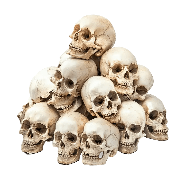 Pilha piramidal de crânios humanos amarelados. A iluminação destaca as cavidades oculares, simbolizando o custo final dos experimentos médicos atrozes.