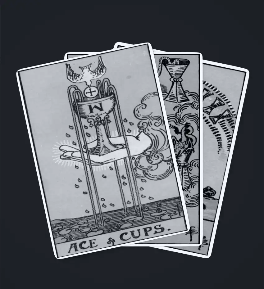 Carta de tarot Ás de Copas em destaque. Uma mão saindo de uma nuvem segura uma taça transbordante com uma pomba acima.