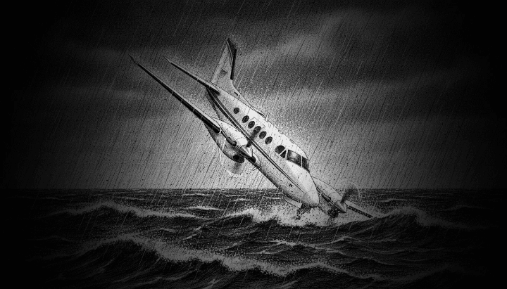 Um avião submerge em ondas tempestuosas sob chuva intensa e céu escuro.