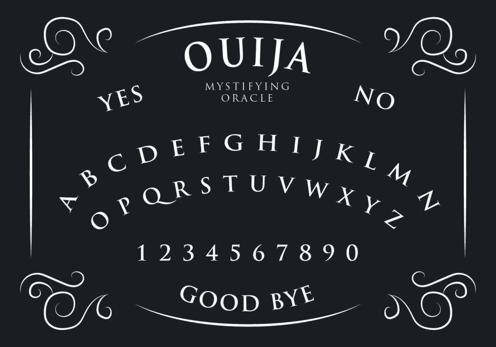 Tabuleiro clássico em preto e branco com letras em arco, números e as palavras YES, NO e GOOD BYE. Moldura vitoriana com ornamentos curvos nos cantos.
