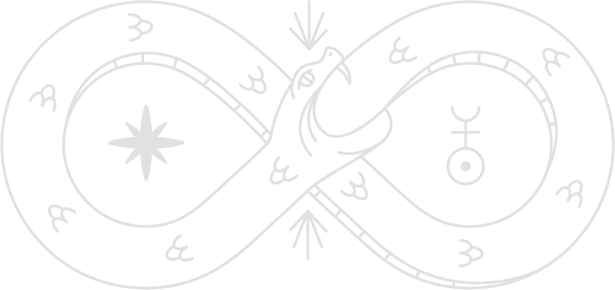 Ilustração em linhas brancas de uma serpente formando o símbolo do infinito. Contém uma estrela de oito pontas e o símbolo alquímico de Mercúrio em seu interior.